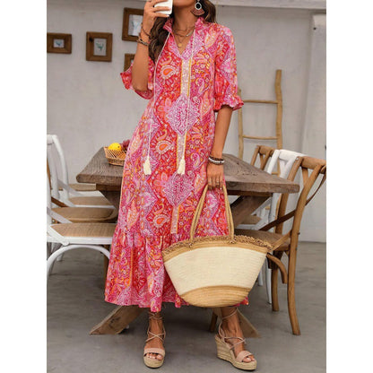 Women’s Midi Dress – Relaxed Fit – Ruffle Sleeves – Boho Print – Tie Neckline