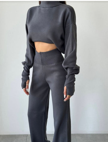 Women’s Lounge Set – Soft Knit Relaxed Fit – High Neck Crop Top – Wide Leg Pants
