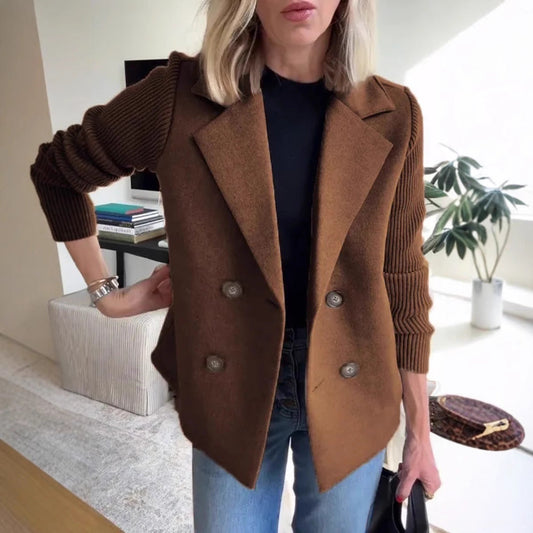 Women’s Blazer – Oversized Fit – Double-Breasted – Soft Knit Sleeves – Hip Length
