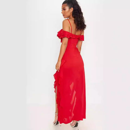 Women’s Long Dress – Slim Fit – Chiffon Ruffles – Spaghetti Straps – Off-Shoulder