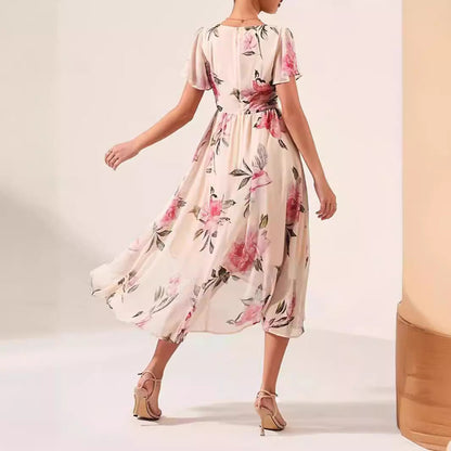 Women’s Midi Dress – Floral Print – V-Neck – Ruffle Sleeve – Tie Waist – High-Low Hem