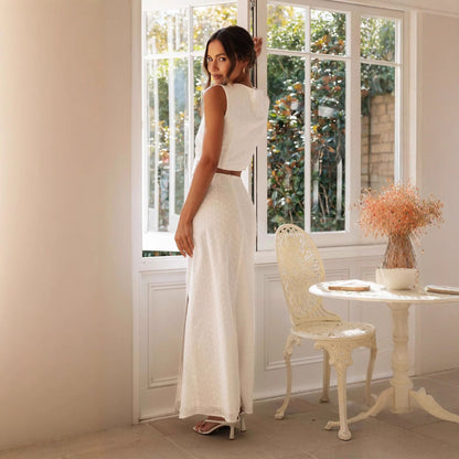 Women’s Long Dress – Fitted Silhouette – Cut-Out Waist – Front Tie – High Slit