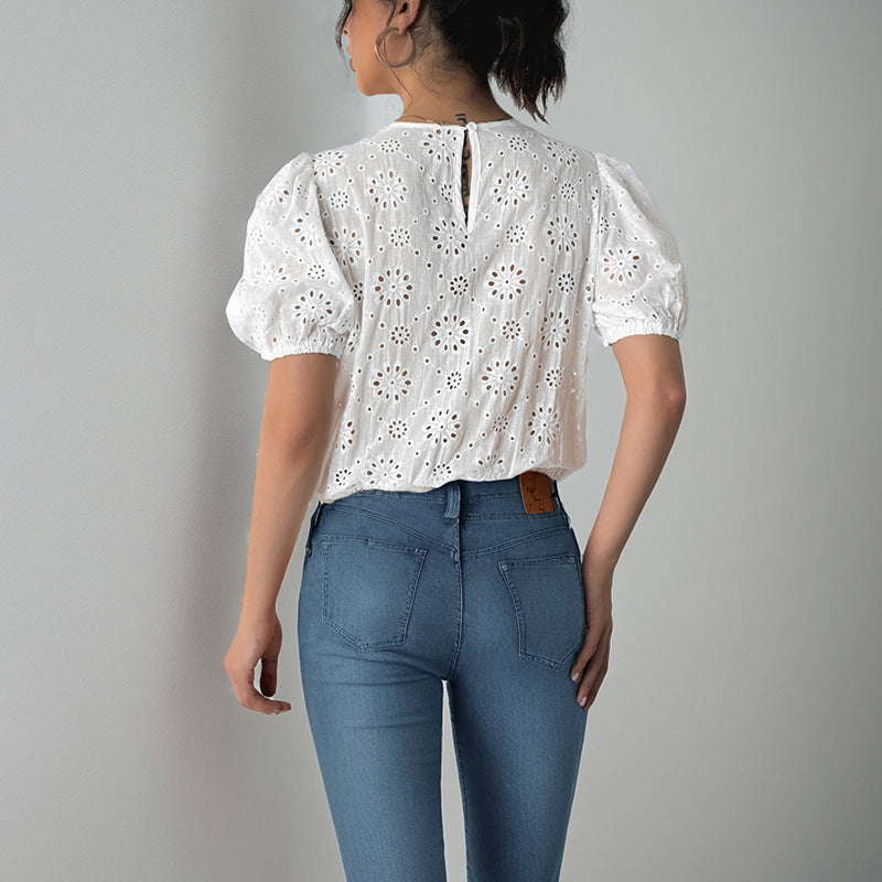Women’s Blouse – Lace Cut-Out – Puff Sleeve – Relaxed Fit – Front Tie Adjustable