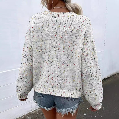 Women’s Pullover Sweater – Relaxed Fit – Speckled Knit – Ribbed Trim – Hip Length