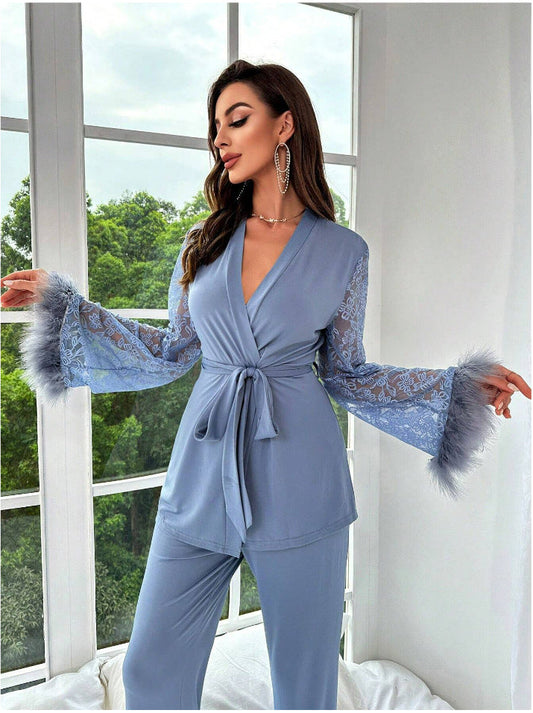 Women’s Wrap Top and Pajama Pants Set - Satin Look - Lace Sleeves and Faux Fur Cuffs