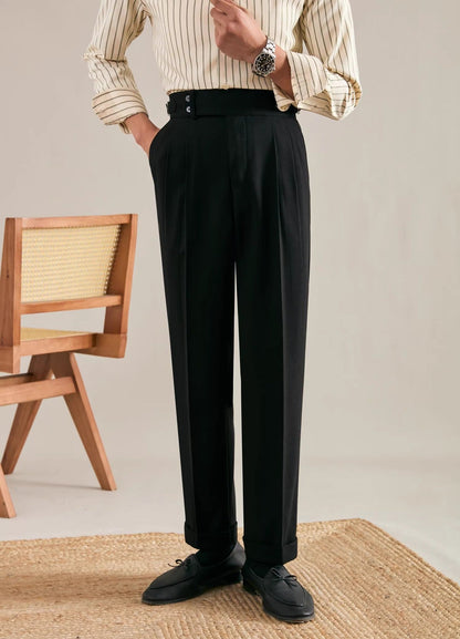 Men's High-Waisted Business Casual Trousers with Pleats and Side Adjusters