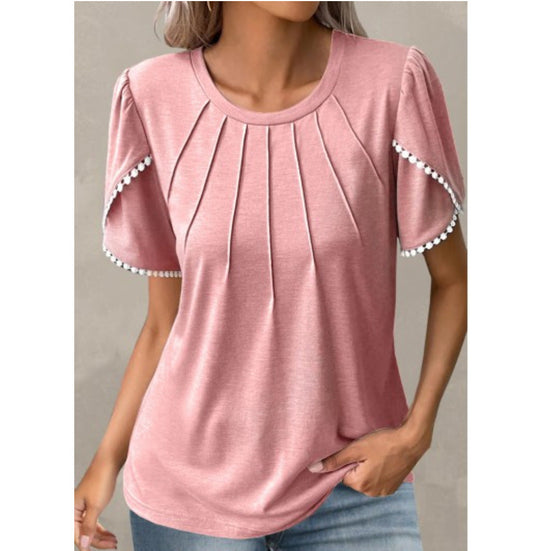 Women’s T-Shirt – Relaxed Fit – Soft Knit – Ruffled Sleeves – Pleated Front