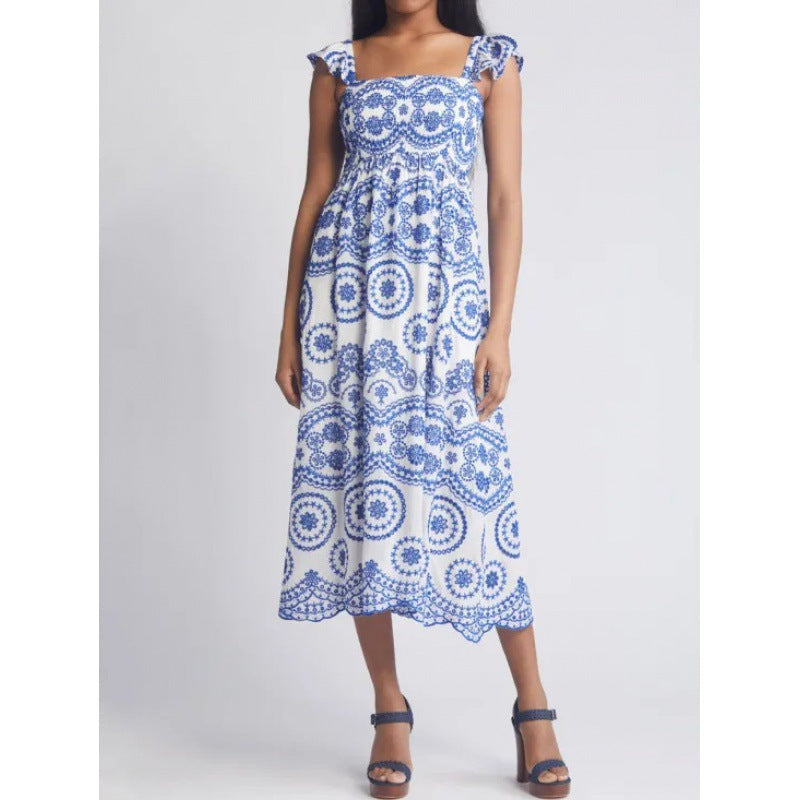 Women’s Midi Dress – Lightweight Cotton – Relaxed Fit – Ruffle Sleeve – Square Neck