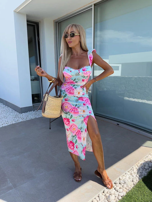 Women’s Midi Dress – Slim Fit – Floral Print – Ruffled Straps – Side Slit – Breathable Blend