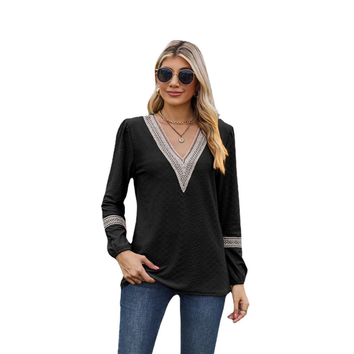 Women’s Long Sleeve T-Shirt – Loose Fit – V-Neck Lace Trim – Soft Breathable Fabric