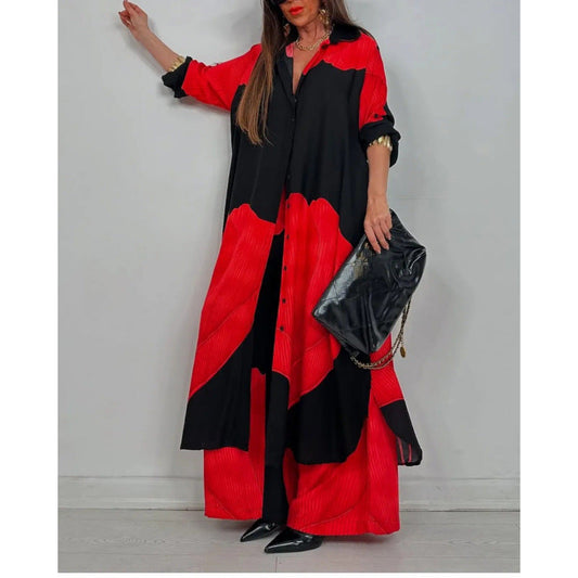 Women’s Two-Piece Set – Relaxed Fit Long Shirt – Button-Down – Wide-Leg Cotton Pants