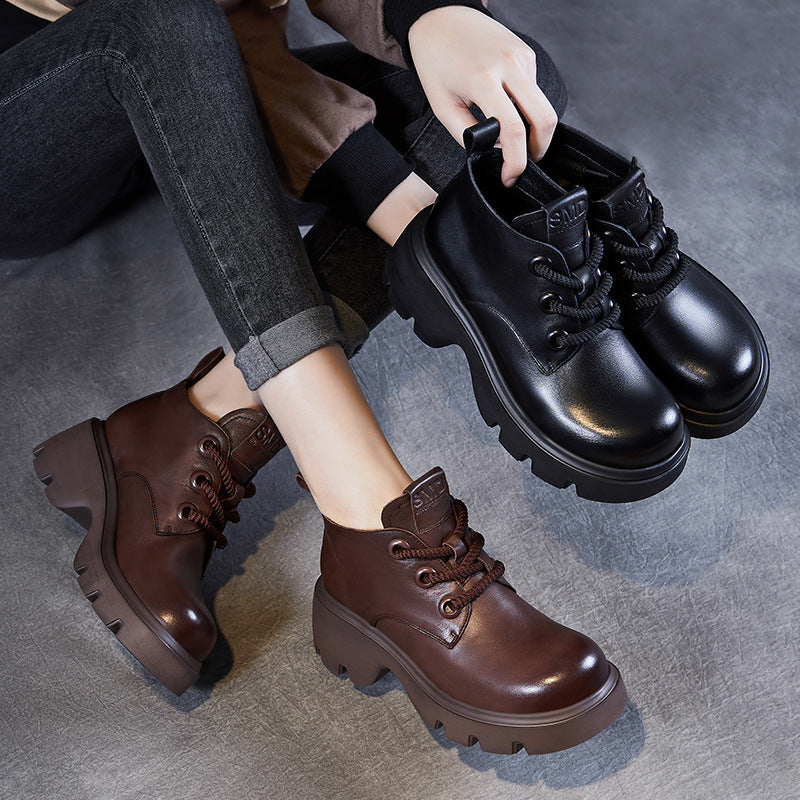 Women’s Ankle Boots – Genuine Leather – Chunky Sole – High-Top Lace-Up Design
