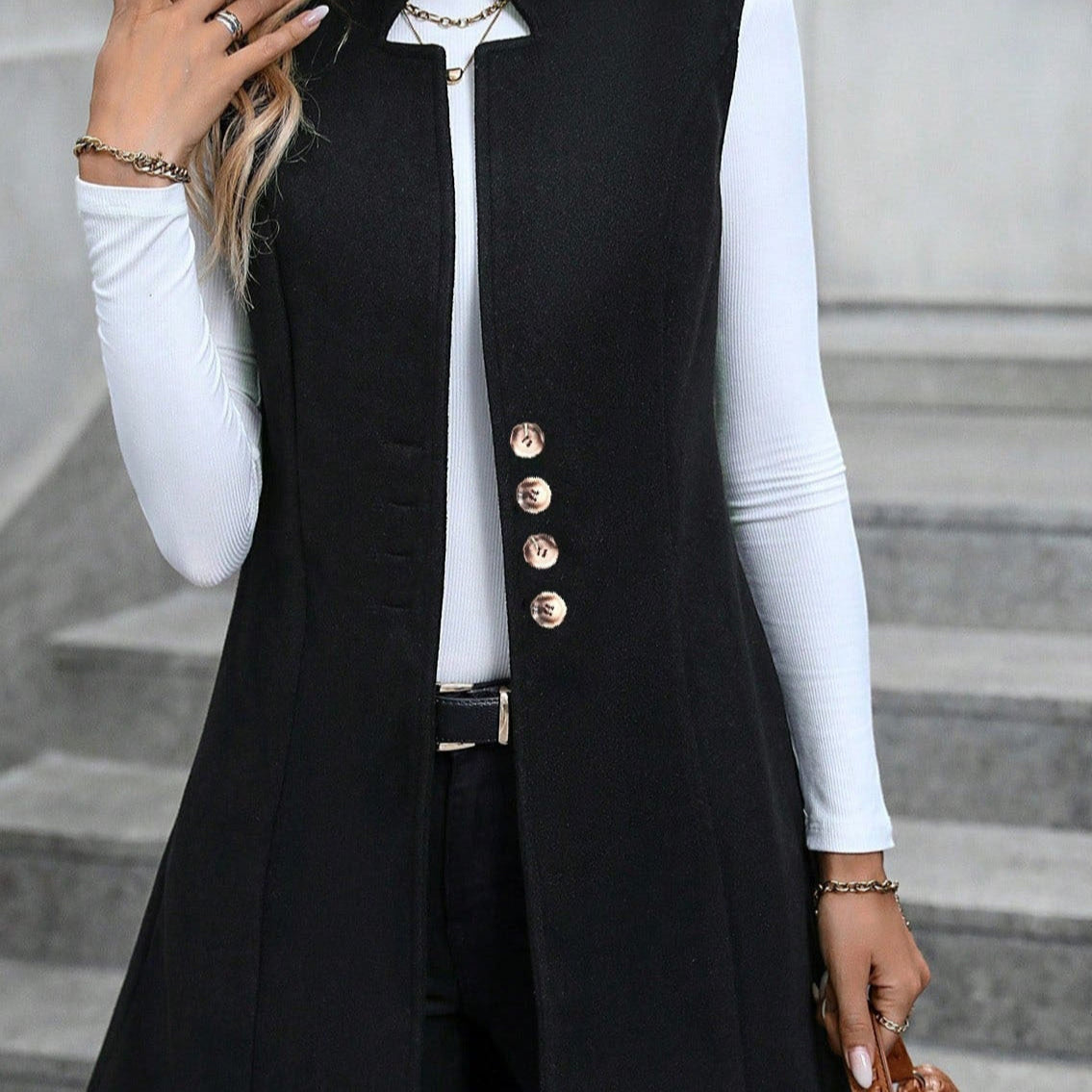 Women’s Sleeveless Vest – Wool Blend – Tailored Fit – Button Front – Knee Length