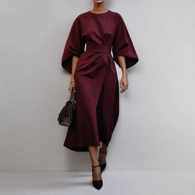 Women’s Long Dress – Satin Finish – Batwing Sleeve – Fitted Waist – Formal Wear