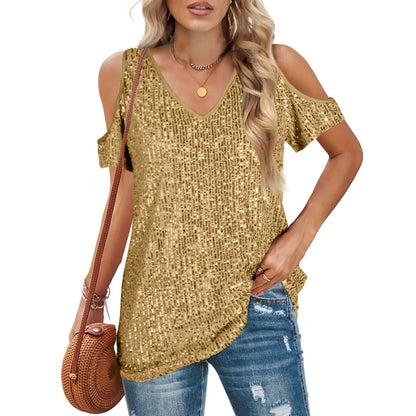 Women’s V-Neck Top – Relaxed Fit – Sequin Front – Cold Shoulder – Short Sleeve