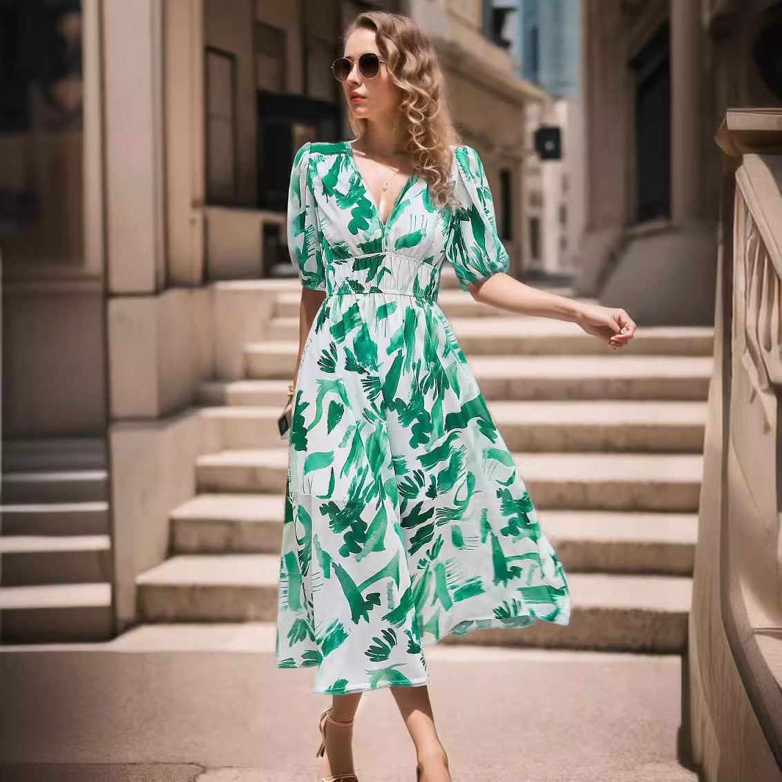 Women’s Midi Dress – Fitted Waist – V-Neck – Puff Sleeves – Breathable Blend – Printed