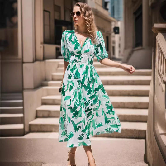 Women’s Midi Dress – Fitted Waist – V-Neck – Puff Sleeves – Breathable Blend – Printed