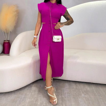 Women’s Midi Dress – Slim Fit – Sleeveless – Cut-Out Waist – Button Front – Stand Collar