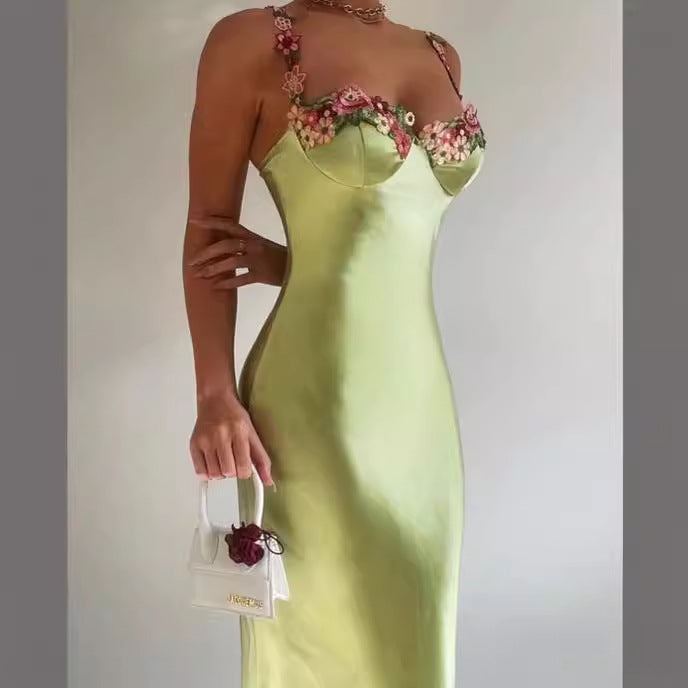 Women’s Long Dress – Satin Slim Fit – Sweetheart Neck – Floral Lace Trim