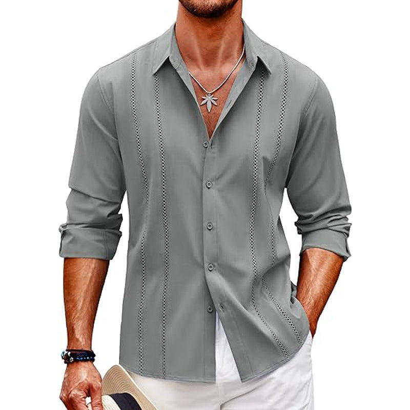 Men’s Long Sleeve Shirt – Slim Fit – Cotton Blend – Button-Front – Minimalist Vertical Dot Detailing