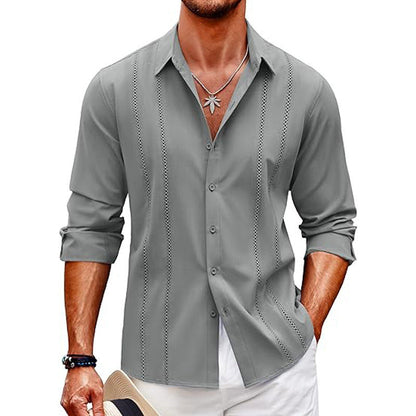 Men’s Long Sleeve Shirt – Slim Fit – Cotton Blend – Button-Front – Minimalist Vertical Dot Detailing
