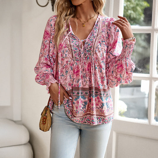 Women’s Blouse – Relaxed Fit – Tie Neck – Long Sleeve – Boho Floral Print