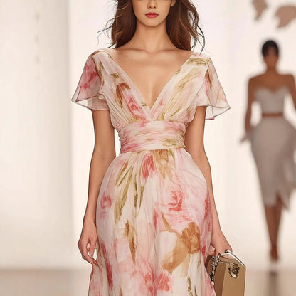 Women’s Maxi Dress – Fit and Flare – Chiffon Floral – V-Neck Flutter Sleeve Elegant Wear