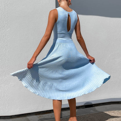 Women’s Midi Dress – Soft Knit – V-Neck – Sleeveless – Pleated A-Line – High Waist