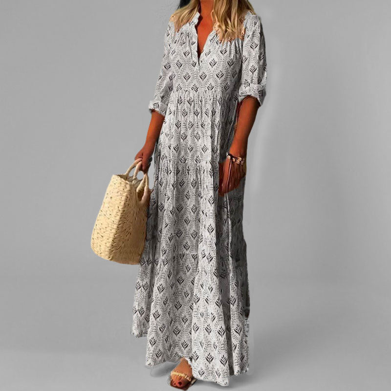 Women’s Maxi Dress – Lightweight Cotton – Loose Fit – V-Neck – 3/4 Sleeve – Vintage Print