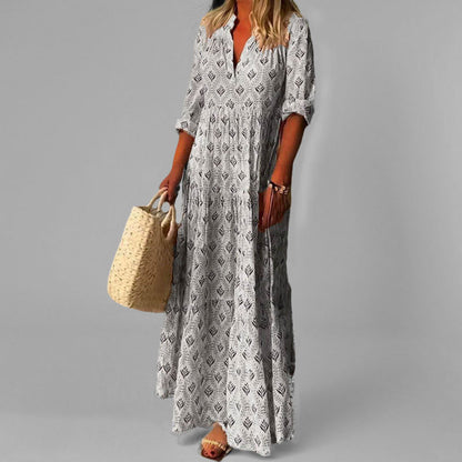 Women’s Maxi Dress – Lightweight – Loose Fit – V-Neck – Vintage Print – 3/4 Sleeve