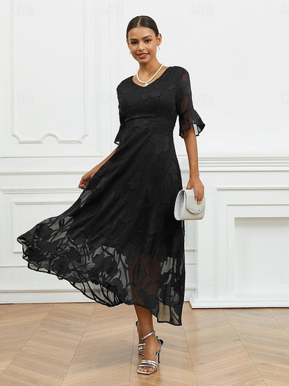 Women’s Maxi Dress – Lace Floral – V-Neck – Flutter Sleeve – Semi-Formal Fit