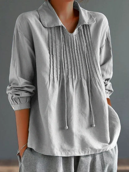 Women’s Long Sleeve Shirt – Cotton Linen Blend – Relaxed Fit – Pleated Front – Collared
