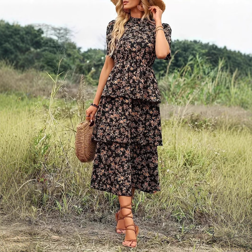 Women’s Midi Dress – Floral Print – Puff Sleeve – Tiered Skirt – Defined Waist