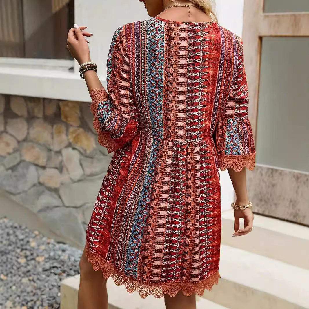 Women’s A-Line Dress – V-Neck Boho Print – Lace Trim – 3/4 Sleeve Breathable Fit