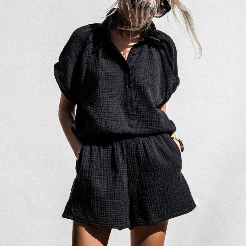 Women’s Lounge Set – Cotton Matching Top and Shorts – Relaxed Fit – V-Neck Buttons
