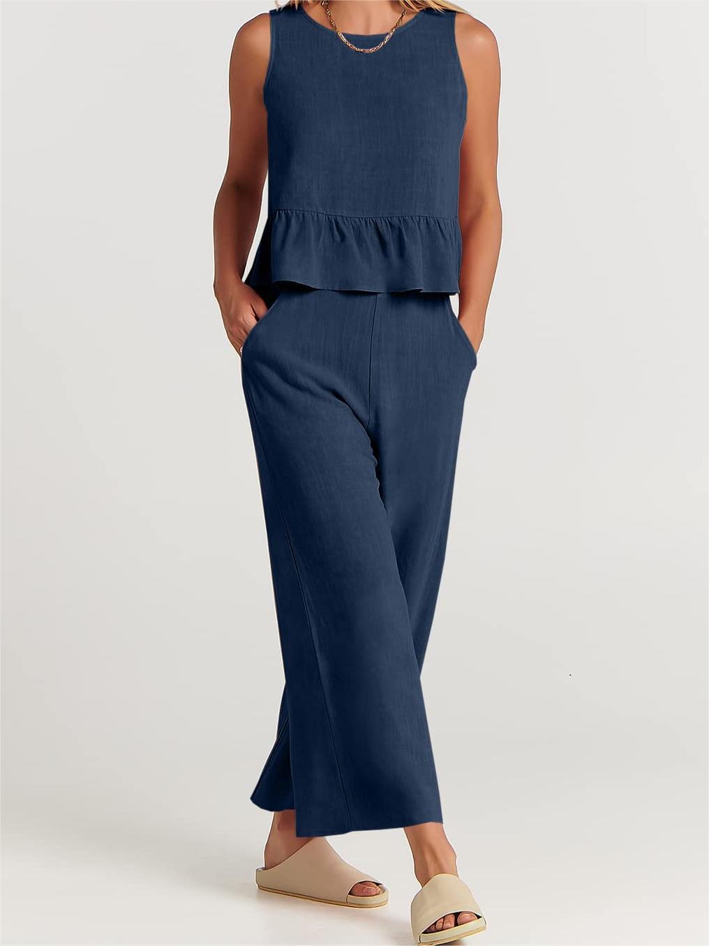 Women’s Two-Piece Set – Relaxed Fit – Sleeveless – Round Neck – Lightweight Cotton Blend