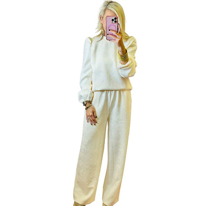 Women’s Two-Piece Set – Relaxed Fit – Wide-Leg Pants – Long Sleeve Puff Shoulder Top