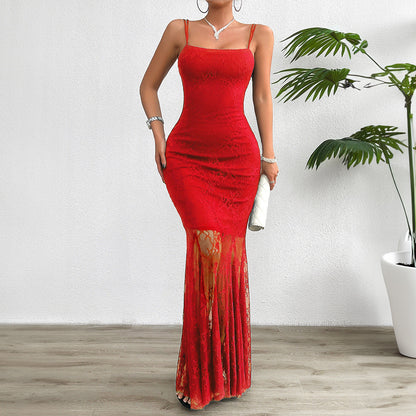 Women’s Maxi Dress – Slim Fit – Lace Overlay – Spaghetti Straps – Formal Evening Wear