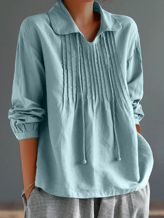 Women’s Long Sleeve Shirt – Cotton Linen Blend – Relaxed Fit – Pleated Front – Collared