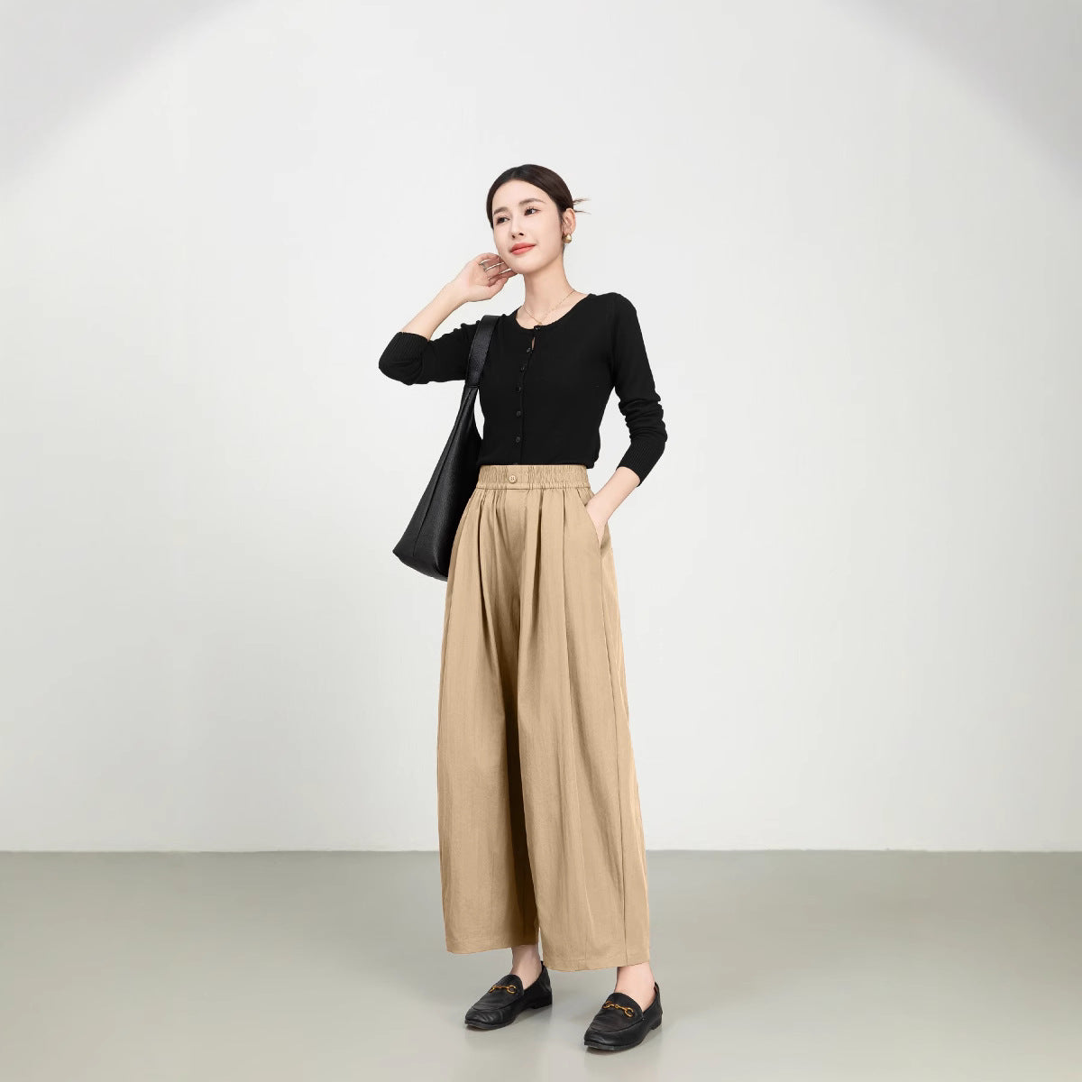 Women’s Wide-Leg Pants – High Rise – Elastic Waist – Pleated – Lightweight Twill