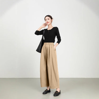 Women’s Wide-Leg Pants – High Rise – Elastic Waist – Pleated – Lightweight Twill
