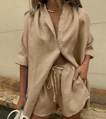 Women’s Two-Piece Set – Linen Blend – Relaxed Fit Shirt – High-Waisted Drawstring Shorts