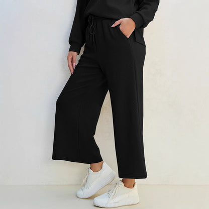 Women’s Lounge Set – Knit Two-Piece – Relaxed Fit – V-Neck Top – Wide-Leg Pants