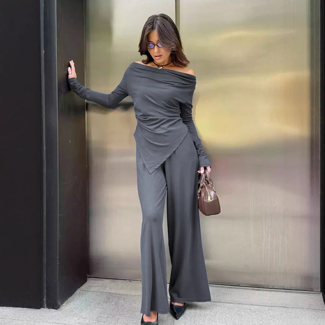 Women’s Knit Set – Off-Shoulder Asymmetrical Top – Wide-Leg Stretch Pants