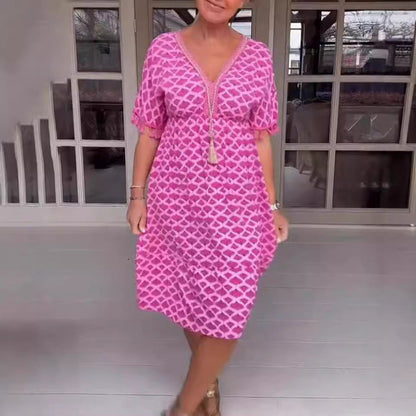 Women’s Midi Dress – Relaxed Fit – V-Neck with Tassel Tie – Geometric Print – Fringed Sleeves – Breathable Blend