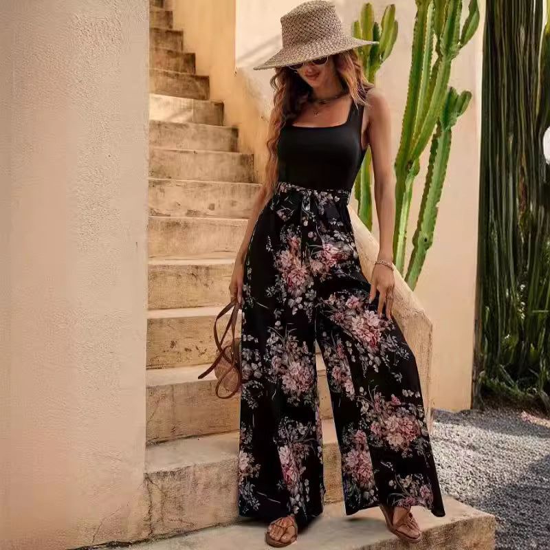 Women’s Jumpsuit – Floral Print – Sleeveless – Wide Leg – Relaxed Fit – Defined Waist