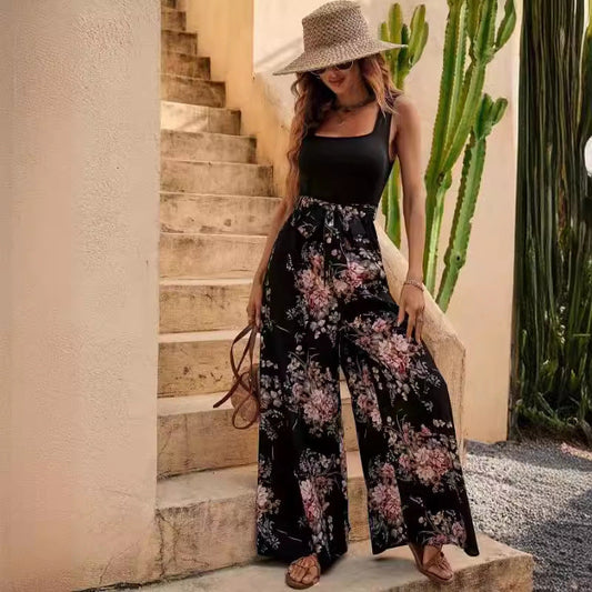 Women’s Jumpsuit – Floral Print – Sleeveless – Wide Leg – Relaxed Fit – Defined Waist