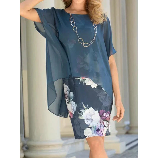 Women's Dress Set - Chiffon - Floral Print - Sheer Overlay
