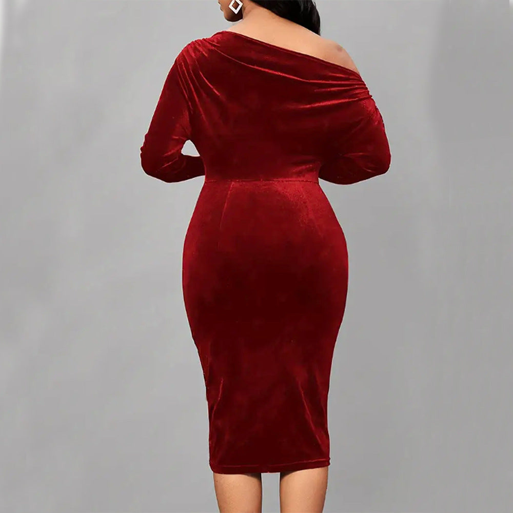 Women’s Midi Dress – Velour Fabric – Fitted Silhouette – Asymmetrical Neckline – Long Sleeve