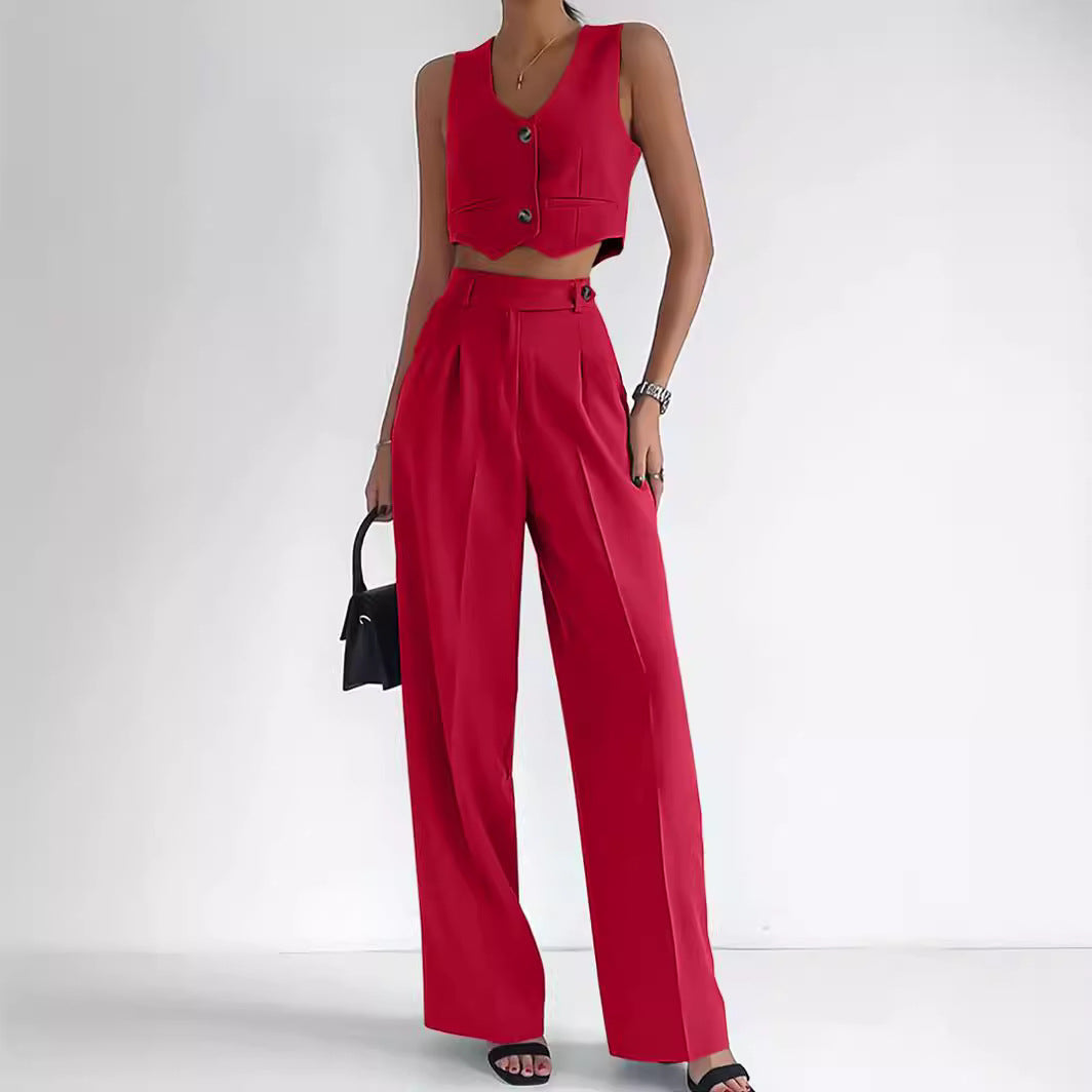 Women’s Two-Piece Set – Tailored Fit – V-Neck – Button Front – Structured Silhouette